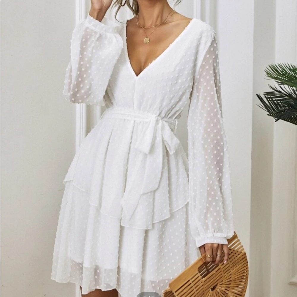 NEW Swiss dot sleeve layered ham belted white S - Picture 5 of 6